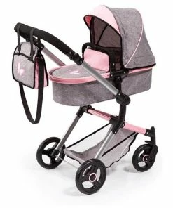 Bayer City Vario Doll Pram Grey Denim With Pink Trim
