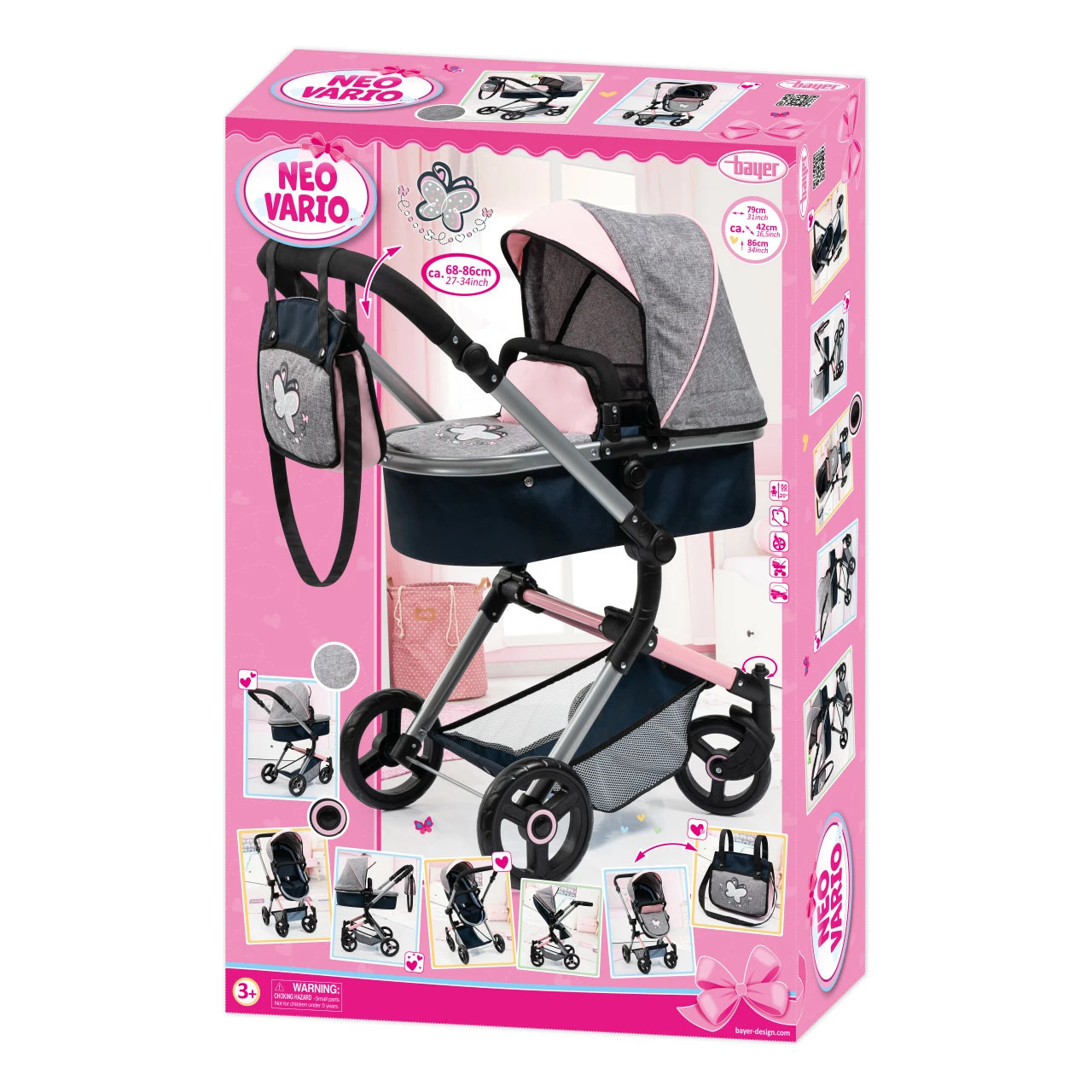 Bayer Neo Vario Pram - Dark Grey With Butterfly Motif 1 Bayer Neo Vario Pram - Dark Grey With Butterfly Motif